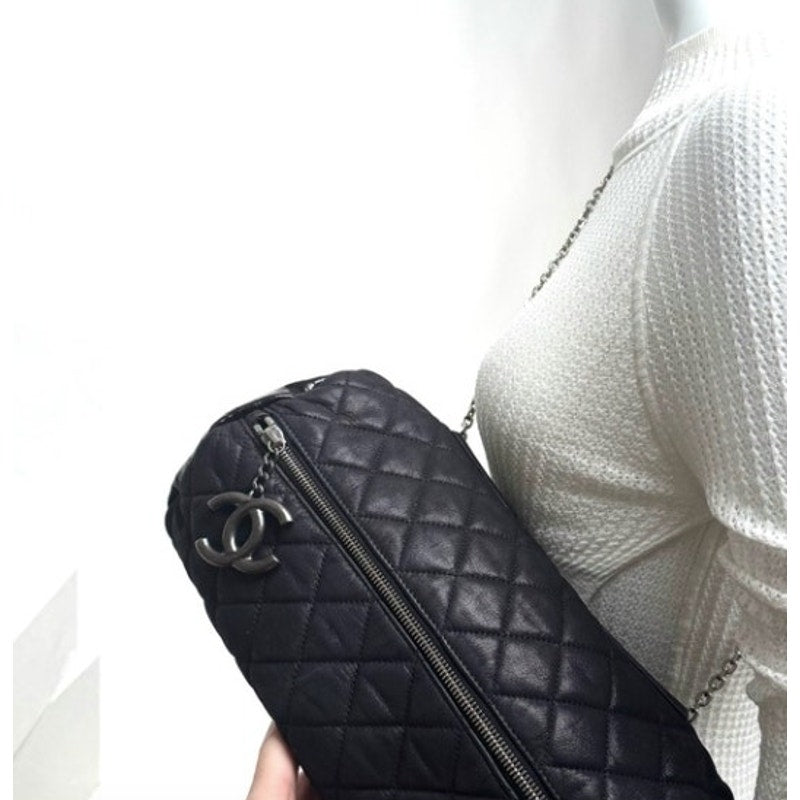 Chanel Black 3-way Leather & Patent Bag w/ Huge CC Charm /Runway Barrel Bag